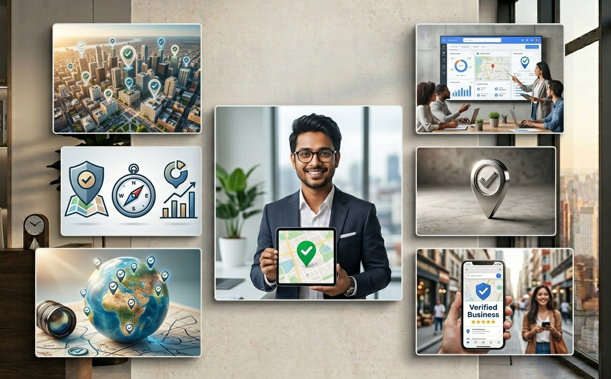 Collage of map verification, profile growth, and local visibility imagery